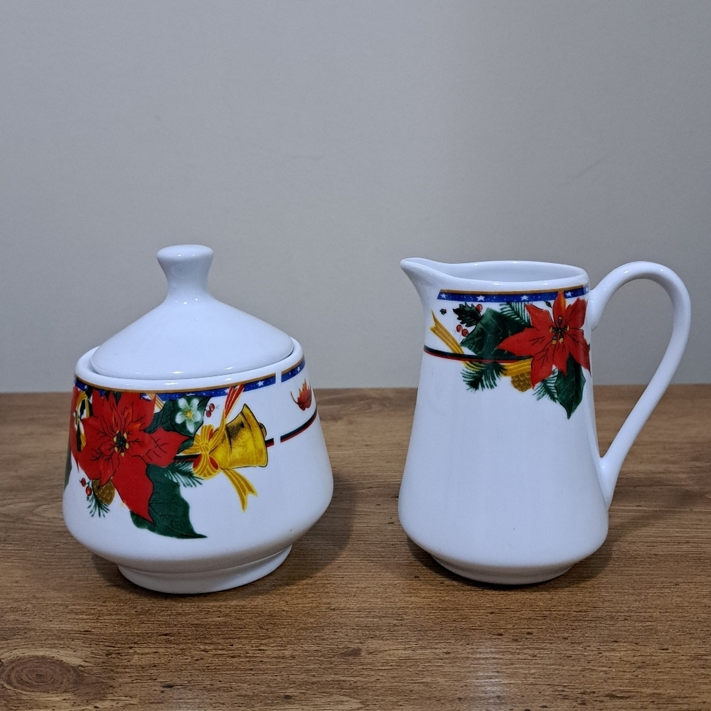 Royal Heritage Holiday Cheer Cream And Sugar Set 2 Piece Porcelain Christmas Set